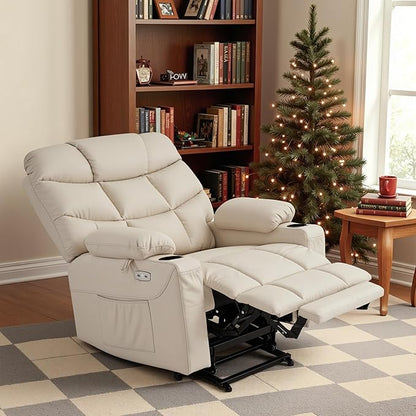 MCombo Oversized Power Lift Recliner Chair with Extended Footrest for Elderly People, Faux Leather R7289 (Cream White, Oversize)
