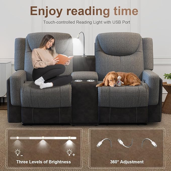 Manual Loveseat Recliner Sofa Set, 2 Seater Reclining Loveseat with Storage Console and Single Oversize Recliner Chair, 2+1 Pieces Luxury Living Room Furniture Set, Couches for RV (Grey)