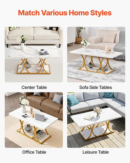 VEVOR Coffee Table, Modern Faux Marble Coffee Table, Large 2-Tier Rectangle Center Desk with Geometric Legs, Minimalist Sturdy Metal Frame Accent End Desk for Living Room, Office, Easy Assembly, White