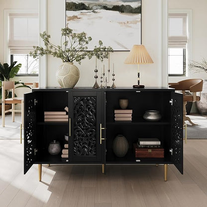 ARTPOWER 47.8" Accent Cabinet with 4 Doors, Vintage Hollow Carving Buffet Cabinet, Sideboards and Buffets with Storage, Credenza for Living Room, Kitchen, Dining Room, Entryway, Hallway, Black