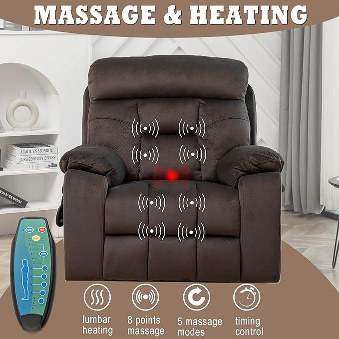 Power Lift Recliner Chair with Massage and Heating Functions,Velvet Sofa with 2 Remote Controls and Two Cup Holders,Recline up to 160 Degrees,Suitable for Living Room