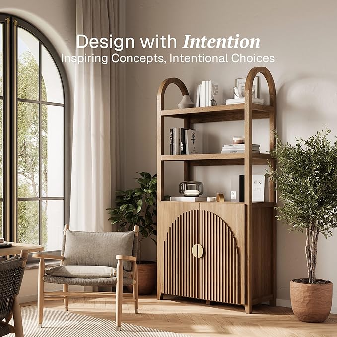 BELLEZE Book Shelf 72" Tall Arched Bookcase with Storage, 5 Tier Mid Century Modern Fluted Bookshelf with Doors, Modular Bookshelves for Living Room Office Library (Caramel Brown)