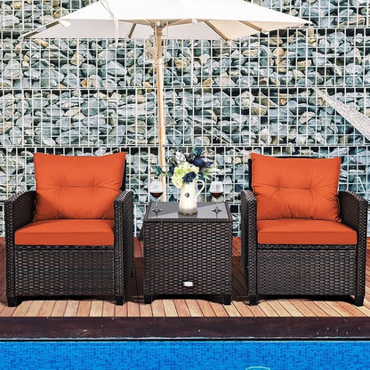 Tangkula 3 Pieces Patio Furniture Set, PE Rattan Wicker 3 Pcs Outdoor Sofa Set w/Washable Cushion and Tempered Glass Tabletop, Conversation Furniture for Garden Poolside Balcony (Orange)