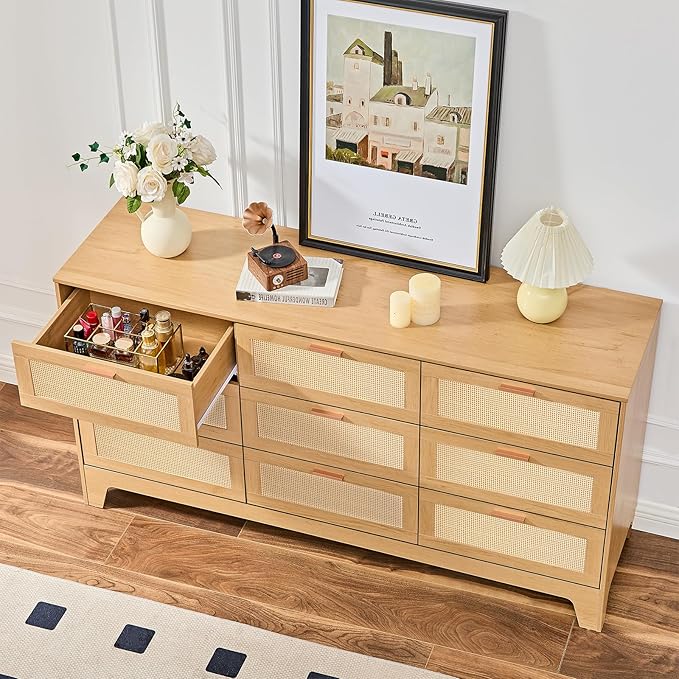 Natural Rattan 9-Drawer Dresser | Modern Bohemian Storage Chest – Includes Anti-Tip Wall Straps & Metal Slides | Versatile Furniture for Bedroom or Living Room