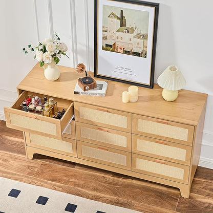 Natural Rattan 9-Drawer Dresser | Modern Bohemian Storage Chest – Includes Anti-Tip Wall Straps & Metal Slides | Versatile Furniture for Bedroom or Living Room