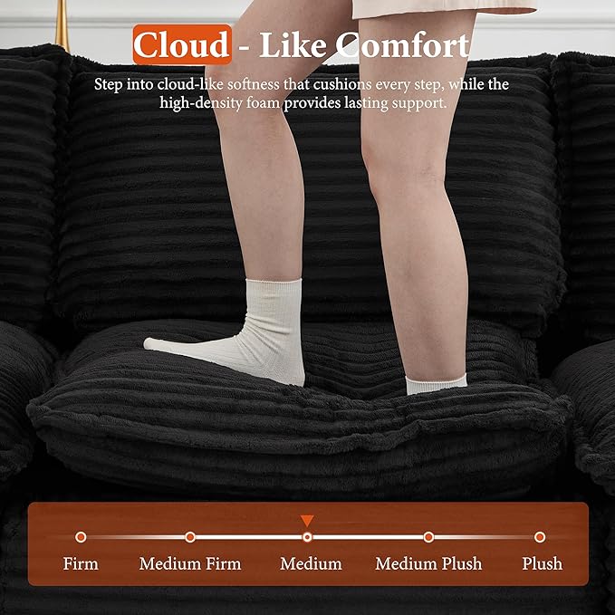 108" Sectional Couches for Living Room Boneless Couch Upholstered Cloud Couch Sectional Modular Sectional Sofa with L Shaped (Corduroy-Black, 4 Seat+2 Ottoman)