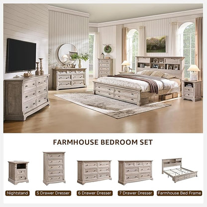 T4TREAM Farmhouse 7 Drawers Dresser for Bedroom, 54" Wide Wood Rustic Chest of Drawers w/Roman Column, Wooden Storage Dressers Organizer for Bedroom, Living Room, Light Rustic Oak