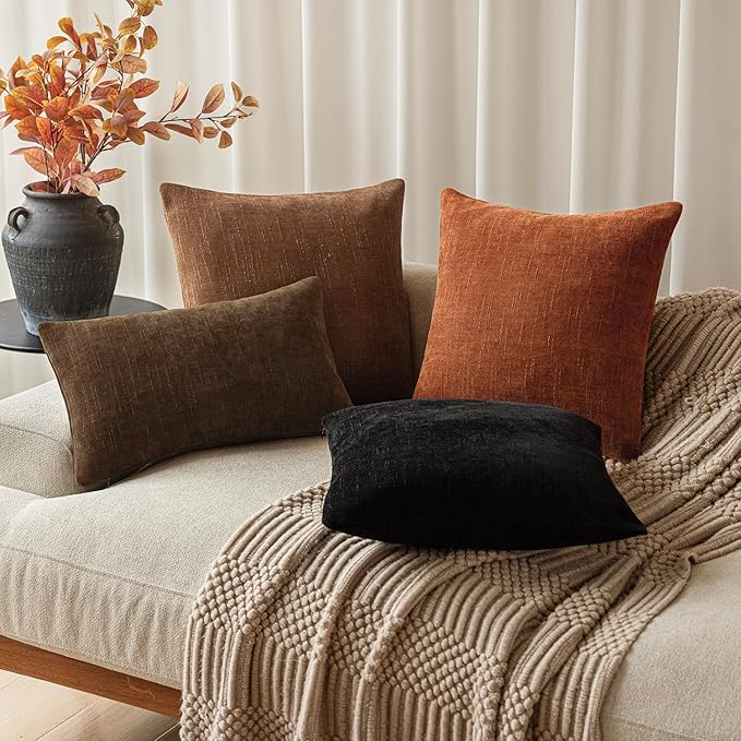 Foindtower Pack of 2 Soft Textured Chenille Throw Decorative Pillow Covers Square Accent Solid Cushion Cover Cozy Neutral Farmhouse Pillow Case for Couch Sofa Bedroom Living Room 22x22 Inch,Orange
