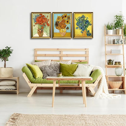 Wieco Art Framed 3 Panels Wall Art of Vincent Van Gogh Paintings Red Poppies and Daisies Sunflower Irises in Vase Canvas Prints for Wall and Home Decorations Bronze Gold Frame