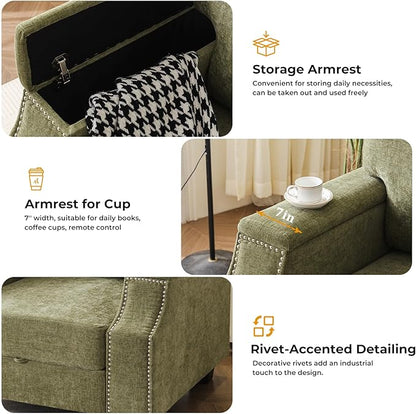 85'' L Shaped Couch with Armrest Organizer,3 Seats Sofas with Storage Ottoman,Comfy Sectional Sofa with Thick Cushion,Chenille Sectional Couches for Living Room,Bedroom,Apartment,Green