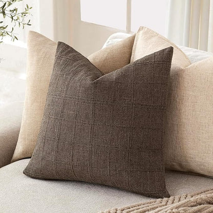 Foindtower Set of 2 Decorative Linen Check Throw Pillow Covers Neutral Farmhouse Vintage Cushion Covers Modern Boho Home Decor for Sofa Chair Couch Bedroom Living Room,20×20 Inch,Dark Brown
