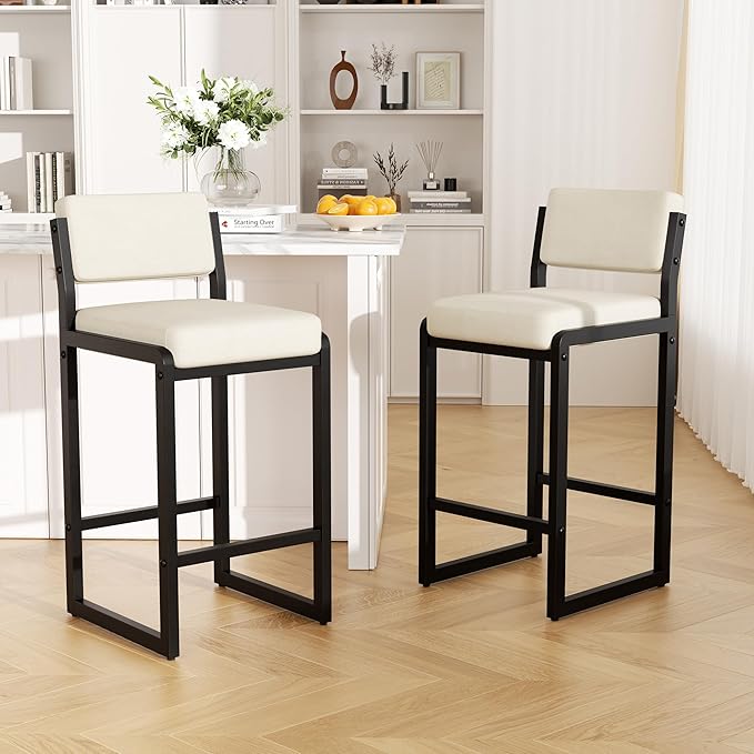 Bar Stools Set of 3, Fabric Counter Height Bar Stools with High Back and Metal Legs, Upholstered Bar Chairs, 26" Modern Barstools for Kitchen Island, Beige