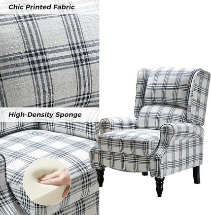 HULALA HOME Upholstered Wingback Recliner Chair Set of 2, Small Adjustable Footrest Push Back Single Reclining Sofa, Mid Century Modern Lounge Armchair for Living Room, Bedroom, Reading/Plaid Black