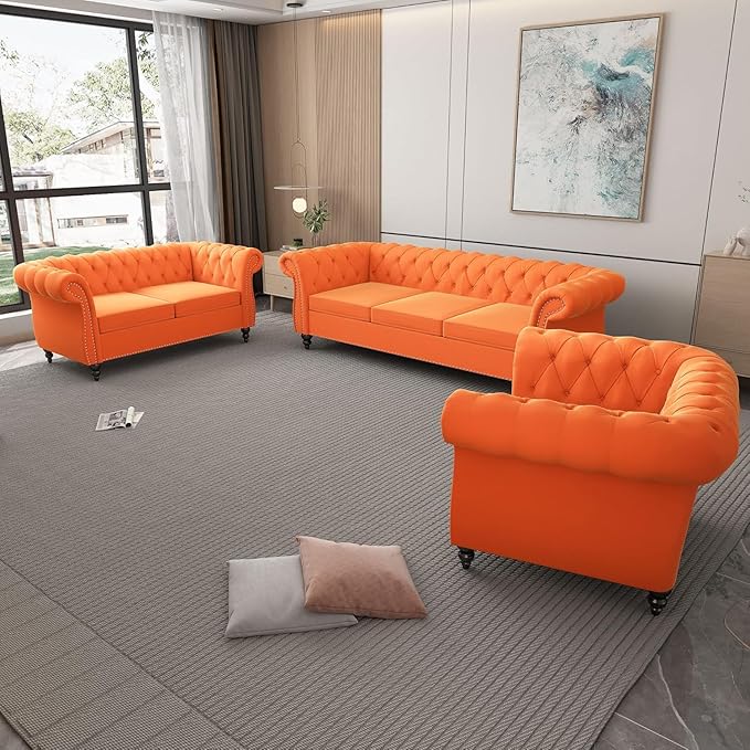 Chesterfield Loveseat Sofa, Modern Velvet Small Sofa Couch 2 Seater with Rolled Arms and Nailhead, Mid Century Modern Loveseat Couch for Small Spaces Living Room Bedroom Apartment, Orange