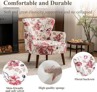 Floral Accent Chair Set of 2, Upholstered Living Room Chairs with Solid Wood Legs, Mid Century Modern Velvet High Back Armchair for Bedroom, Living Room, Pink