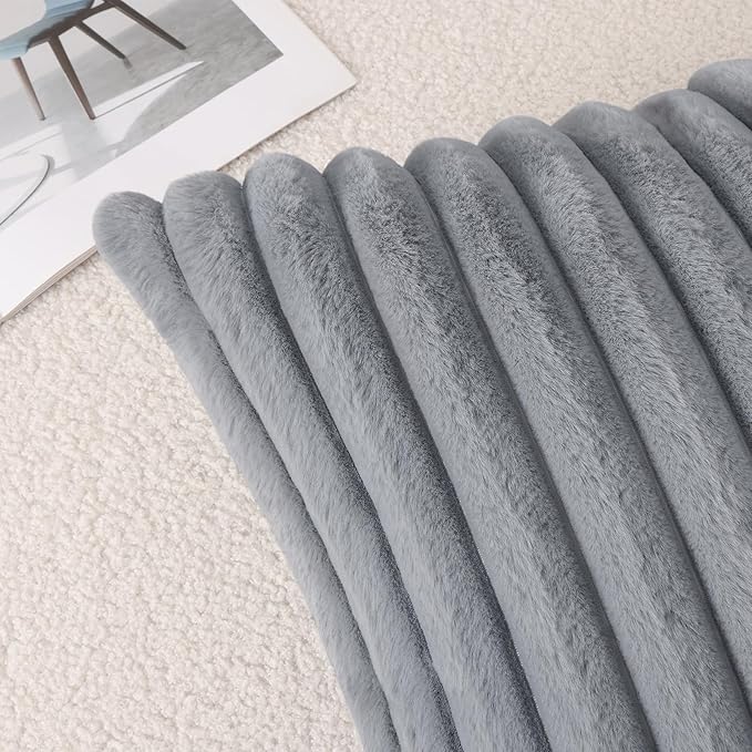 Pallene Faux Fur Plush Lumbar Throw Pillow Covers 12x20 Set of 2, Luxury Soft Fluffy Striped Decorative Pillow Covers for Sofa, Couch, Living Room, Grey