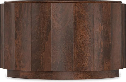 SIMPLIHOME Trenton Coffee Table - 32 inch Wide Solid Mango Wood Round Living Room Table in Walnut Brown, Contemporary Sculpted Drum Center Table for Family Room with Scalloped Edge, Assembled