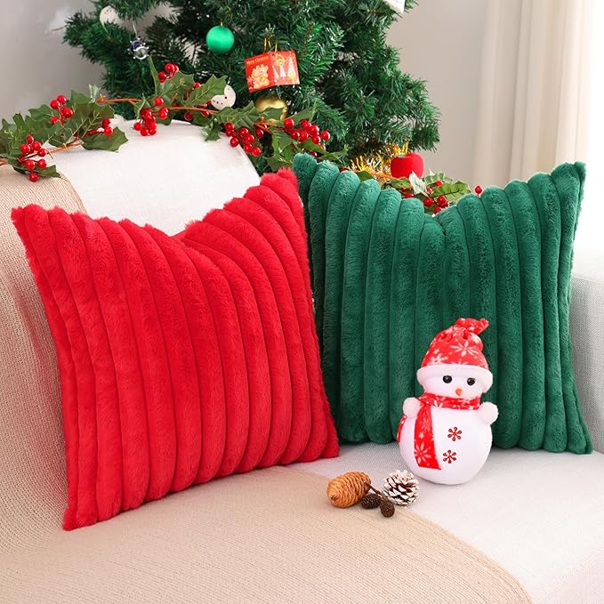 Pallene Faux Fur Plush Christmas Throw Pillow Covers 18x18 Set of 2, Luxury Soft Fluffy Striped Decorative Pillow Covers for Sofa, Couch, Living Room, Christmas Green