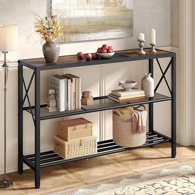 Hoctieon Industrial Console Table, 3 Tier Entryway Table, Hallway Table, Narrow Sofa Table with Shelves, Entrance Table for Entryway, Rustic Brown&Black