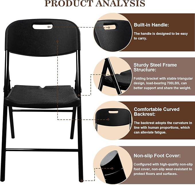 8 Pack Folding Chair, 700 lb Weight Capacity,Indoor/Outdoor Heavy Duty Foldable Chairs for Restaurants, Kitchens, Picnics, Races, Parties & Weddings. (8, Black)