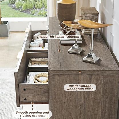 LEYAOYAO Fluted 6 Drawers Dresser, 48" Wide Modern Chest of Drawers with Wood Grain Top, Curved Profile Design, Dresser TV Stand, Wood Drawer Organizer for Bedroom, Living Room, Hallway,Grey