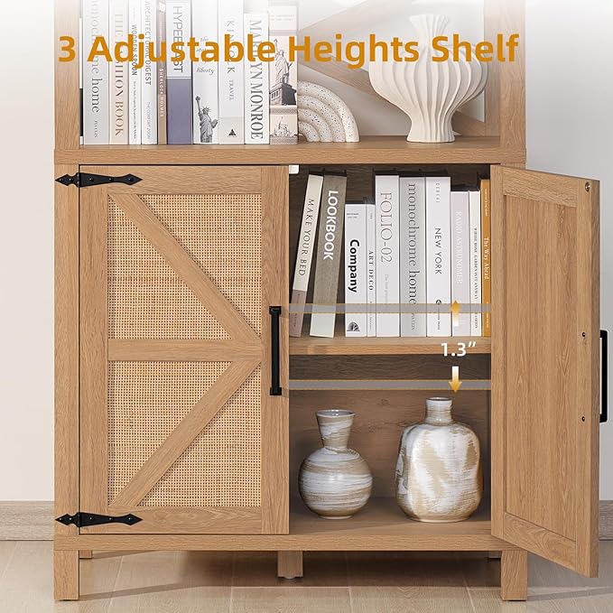 5 Tier Bookshelf 70" Rattan Boho Tall Bookcase with Barn Doors,Farmhouse Display Book Shelf with Adjustable Shelves and Storage Cabinet,Wood Bookshelves for Living Room,Kitchen,Natural (2PCS)