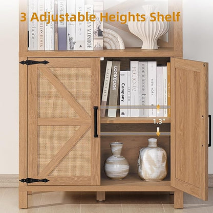 5 Tier Bookshelf 70" Rattan Boho Tall Bookcase with Barn Doors,Large Farmhouse Display Book Shelf with Adjustable Shelves and Storage Cabinet，Wood Bookshelves for Living Room,Kitchen,Natural