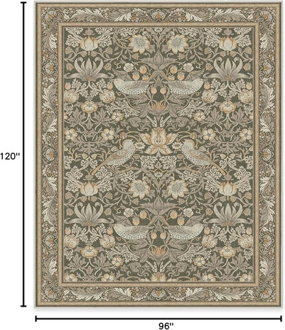 RUGGABLE x Morris & Co Washable Area Rug–Strawberry Thief Stone Gold 8x10, Stain-Resistant, Non-Slip–Large Machine Washable Rugs for Living Room, Bedroom, Hallway, Entryway & Office–with Standard Pad