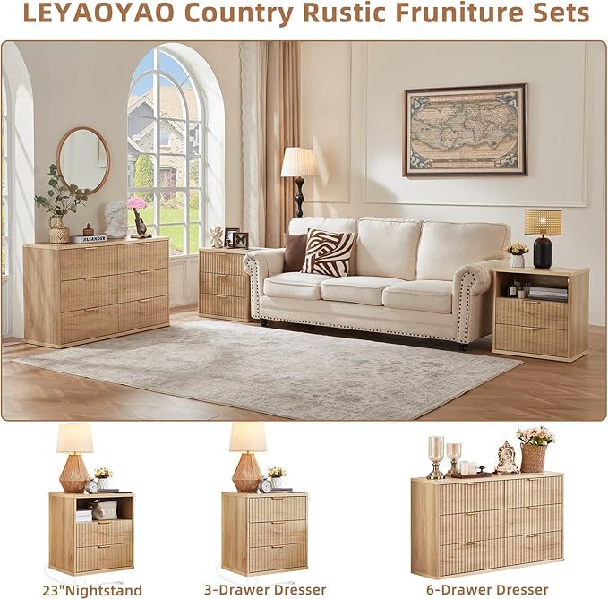 LEYAOYAO Fluted 6 Drawers Dresser Set of 2, 48" Wide Modern Chest of Drawers with Woodgrain Top, Curved Profile Design, Dresser TV Stand, Wooden Drawer Organizer for Bedroom, Living Room, Hallway,Wood