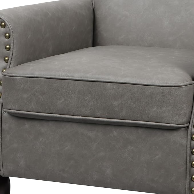Accent Chair, Mid Century Modern Faux Leather Arm Chair with Wood Leg for Living Room, Bedroom, Comfy PU Leather Club Reading Chairs with Wingback & Nailhead Trim (Leather Grey, Set of 1)