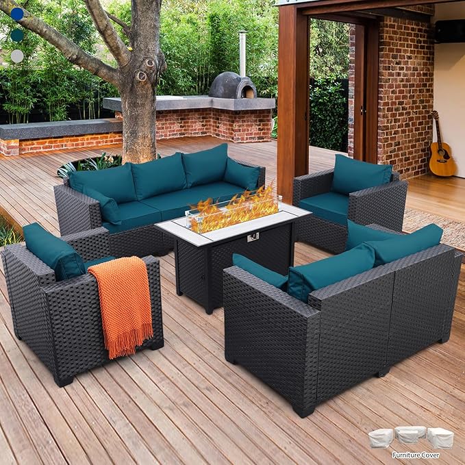 Rattaner Patio Furniture Set with 45In Fire Pit 5 Pieces Outdoor Furniture Sets Patio Couch Outdoor Chairs 60000 BTU Steel Propane Fire Pit Table No-Slip Cushions and Waterproof Covers, Peacock Blue