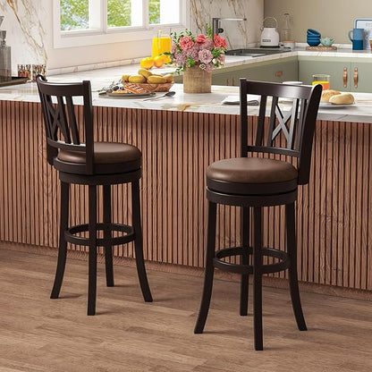 COSTWAY Bar Stools Set of 2, 30” Swivel Bar Chairs with Footrest, Rubber Wood Frame & Hollowed Backrest, Leathaire Bar Height Stools, Padded Counter Stools for Kitchen Island & Pub (2, 30'')