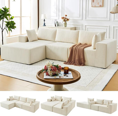 109" Cloud Sectional Couch, Boneless Couches for Living Room, Modular Sectional Sofa with Deep Seat, L-Shape Couch with Chaise, Comfy Corduroy Fluffy Modern Modular Sofa, No Assembly Required, Beige