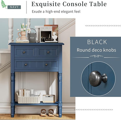 Knocbel Slim Antique Entry Console Table with 3 Drawers & Bottom Open Shelf, Solid Wood Narrow Sofa Couch Table for Entryway Hallway Living Room 23.7" W x 13" D x 31.4" H Navy Blue