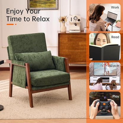 Accent Chair with Wooden, Mid Century Modern Living Room Chairs with Soft Armrest, Reading Pottery Barn Accent Chair, Chenille Armchair, Comfy Side chair with Lumbar Pillow for Lounge, Green