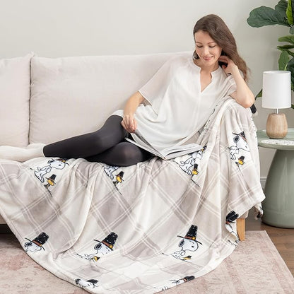 Berkshire Blanket Peanuts® VelvetLoft® Cute Character Snoopy Plush Throw Blanket,Lakeside Plaid Harvest Snoopy and Woodstock Grey,Throw 55 in x 70 in (Official Peanuts® Product)