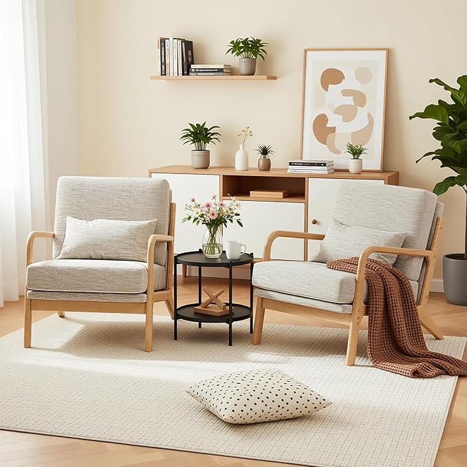 Claiks Mid-Century Modern Accent Chair, Living Room Armchair with Solid Wood Frame & Lumbar Pillow, Comfy Upholstered Lounge Chair for Bedroom, Office, Linen-Like Fabric, Light Gray
