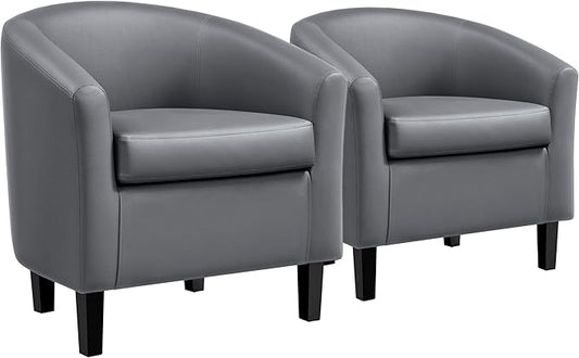 Yaheetech Barrel Chairs, Faux Leather Chairs, Modern Leather Club Chairs Comfy Gray Accent Chairs with Sturdy Wood Legs for Living Room/Bedroom/Reading Room/Waiting Room, Gray, Set of 2
