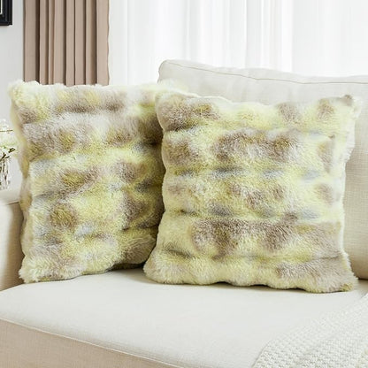 FUTEI Green White Decorative Throw Pillow Covers 24x24 Inch Set of 2,Soft Fuzzy Faux Rabbit Fur European Cushion Covers with Raised Texture,Neutral Boho Home Decor for Couch Bed Living Room