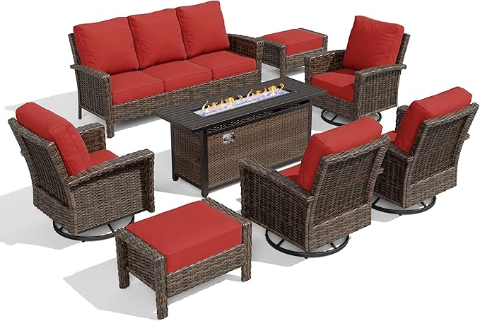 HERA'S HOUSE Red Patio Furniture Set, 8-Piece Outdoor Seating Conversation Sets with High Back Wicker Sofa, 4 x Swivel Chairs with 5.5" Thick Cushions, Fire Pit Table & Ottomans for Deck Yard Garden