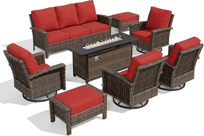 HERA'S HOUSE Red Patio Furniture Set, 8-Piece Outdoor Seating Conversation Sets with High Back Wicker Sofa, 4 x Swivel Chairs with 5.5" Thick Cushions, Fire Pit Table & Ottomans for Deck Yard Garden