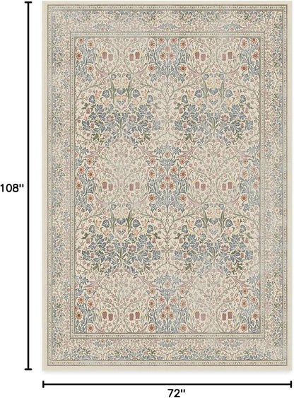 RUGGABLE x Morris & Co Washable Area Rug – Blackthorn Ivory Blue 6x9, Stain-Resistant, Non-Slip – Medium Machine Washable Rugs for Living Room, Bedroom, Hallway, Entryway & Office–with Standard Pad