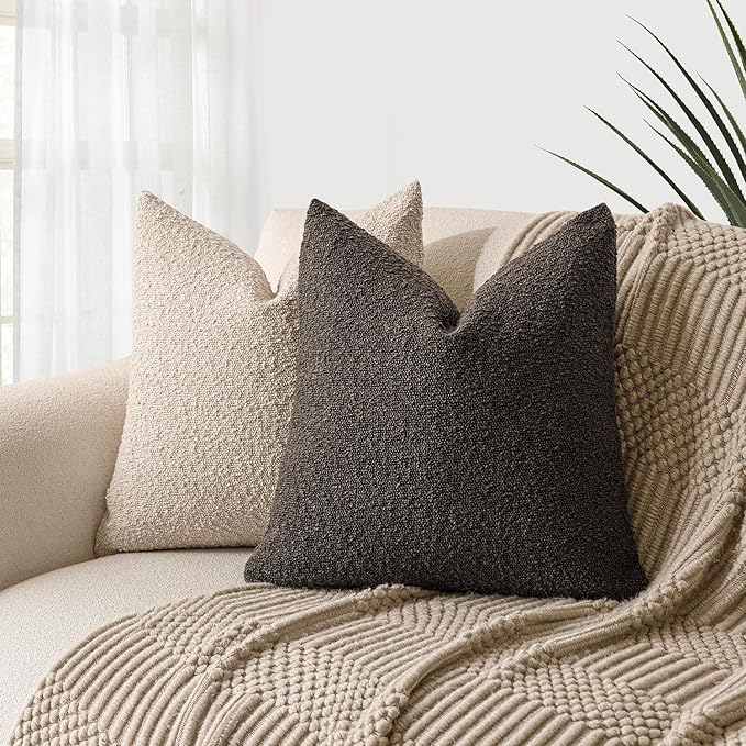 Foindtower Set of 2, Decorative Textured Boucle Throw Pillow Covers Accent Solid Pillow Cases Neutral Soft Cozy Couch Cushion Case for Chair Sofa Bedroom Living Room Home Decor 24 x 24 Inch Dark Brown