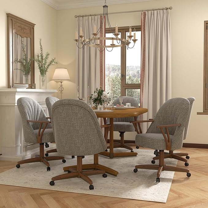 Chromcraft Set of 4 Chairs w/Swivel Tilt, Luxe Wooden Arm All-Metal Pedestal Base Chairs with Wheels for Kitchen