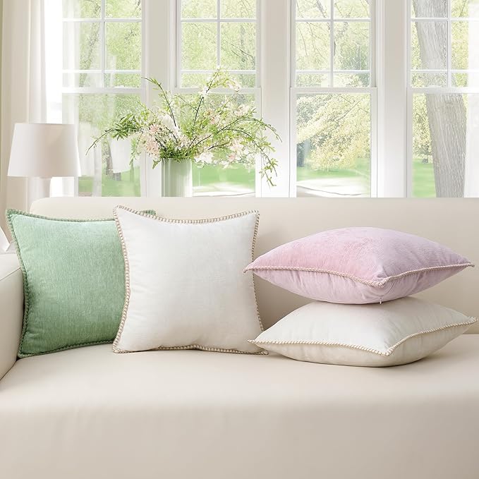 decorUhome Chenille Soft Throw Pillow Covers 26x26 Set of 2, Farmhouse Velvet Neutral Decorative Euro Pillow Covers with Stitched Edge for Couch Sofa Bed Home Decor, Cream White