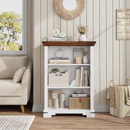 3-Tier Farmhouse Bookshelf, Book Shelf with Open Storage & One Adjustable Shelf, 9.8" D x 26" W x 38" H, Wooden Bookshelf for Study Room, Living Room, Kitchen, Bedroom (White)