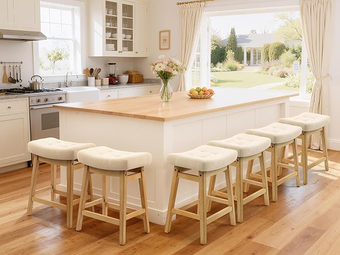 Counter Height Bar Stools Set of 4 for Kitchen Counter Farmhouse Modern Barstools with Upholstered Fabric Backless Seat and Solid Wood Legs 24 inch Bar Chairs, Khaki + Wood Color