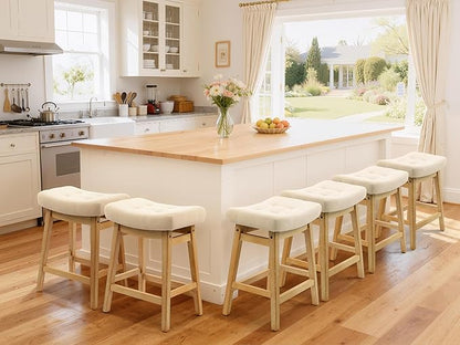Counter Height Bar Stools Set of 4 for Kitchen Counter Farmhouse Modern Barstools with Upholstered Fabric Backless Seat and Solid Wood Legs 24 inch Bar Chairs, Khaki + Wood Color