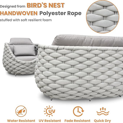 4 Pieces Woven Rope Patio Conversation Set: Rustproof Aluminum Frame, Weather Resistant, Thick Cushions, No Assembly, Easy to Clean, Comfy Outdoor Sofa Set for Porch Deck Yard Hotel - Gray