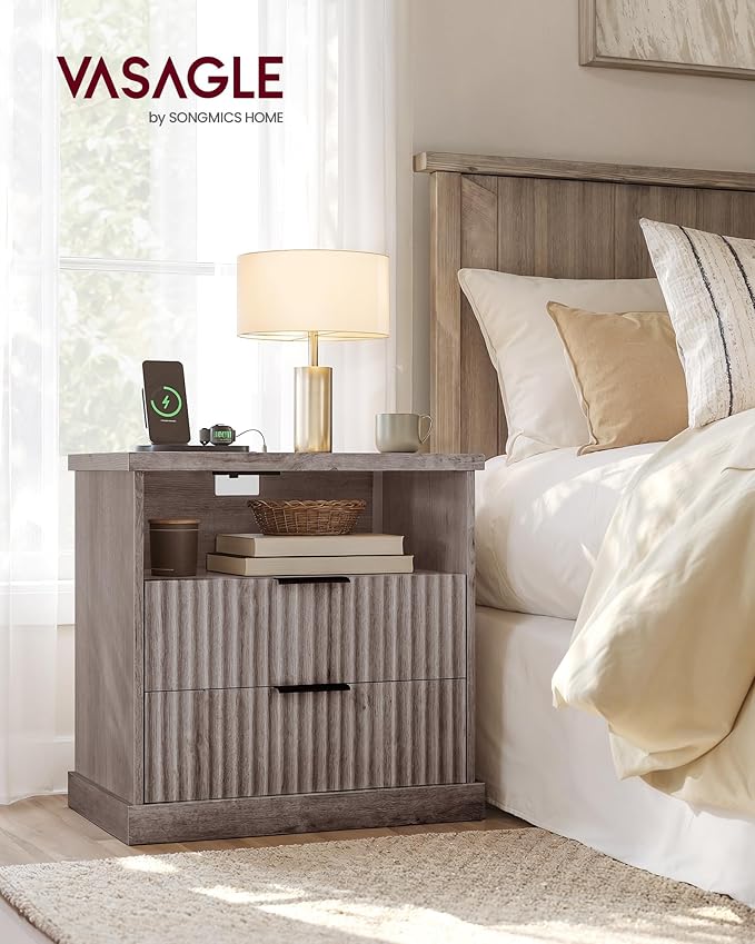 VASAGLE MAXE Collection - Nightstand with Charging Station, Fluted Night Stand, Bedside Table, Mid Century Modern Side End Table, 2 Drawers, 2 AC Outlets, 2 USB Ports, Washed Gray ULET626G01S